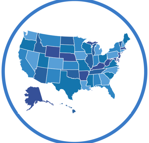 Map of the United States in blue with a blue circle around it.