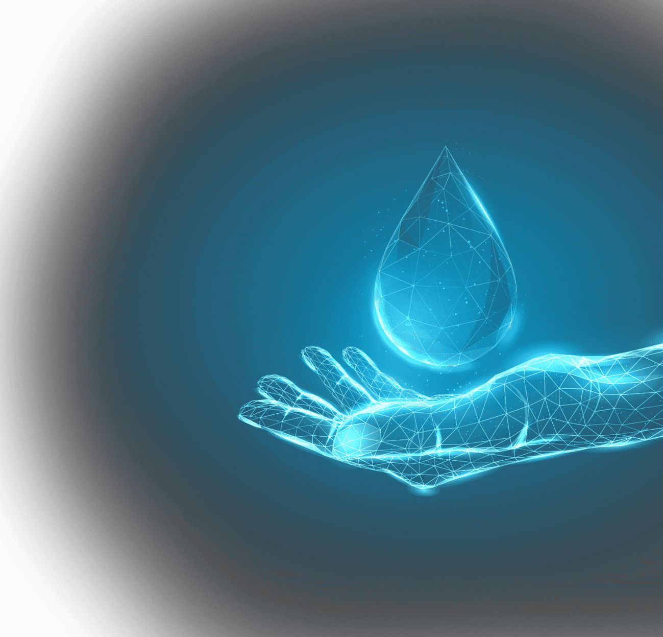 molecular structured hand holding a large water droplet
