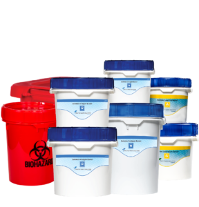 A kit containing Practice Waste Solutions lead disposal and biohazard containers.